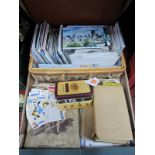 Postcards, postage stamps, cigarette cards, coinage.