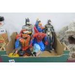 Superhero Figures TM & C 1990 Spiderman 28cm high, another seated 1995, 1992 Batman, 1994 Superman