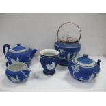 Wedgwood Blue Jasper Ware Three Piece Tea Service, biscuit barrel and small vase:- One Tray.
