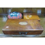 A XIX Century Footstool, with bead work top, mahogany cutlery box, one other. (3).