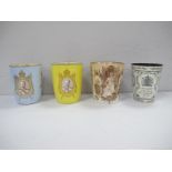 Royal Doulton 1911 Coronation Beakers, each with cartouche containing a sepia image of Monarchs, one
