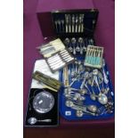 A Mixed Lot of Assorted Plated Cutlery, including cased and loose, a plated preserve dish and