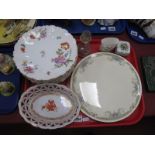 Herend Oval Basket Shaped Dish, 20cm wide, seven porcelain desert plates (two damaged), Doulton