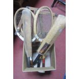 Four Vintage Tennis Rackets, together with two child's cricket bats. (6).