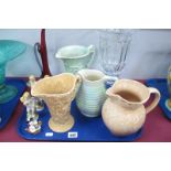 An Early XX Century Sylvac Jug, other similer jugs, pressed glass vase, etc:- One Tray.