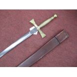 A Masonic Style Sword with Brass Handle and Guard, etched blade, 96cm long, with leather scabbard.