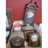 Edwardian Eight Day Mantle Clock, two oak cased examples, wall clock, books, keys, plaque:- One Box