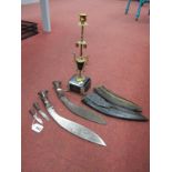 A Pair of Early XX Century Kukri Knives, plus a related era candle stand on marble base. (3)