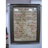 Sampler, Marie Handley, May 6, featuring letter and numbers, over verse in italics, 50 x 34.5cm.