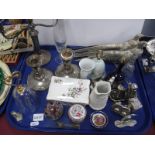 Plated Two Branch Candelabra, Portmeirion Jug, pair of plated pheasants, cruet, etc:- One Tray