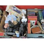 Resin and Ceramic Figures, books, plated ware, brass door handle, postcards, etc:- Two Boxes.