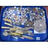 Coinage, Mainly British Pre 1947 Silver Noted, silver backed hand mirror (damaged), cutlery, etc:-