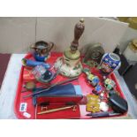 A Brass Arch Cased Mantle Clock, 12.5cm high, bell, ashtray, Oriental jar, Fero watch, etc:- One