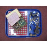 Bosns Whistle, butter moulds, coinage, silver ring, bezique, rings, etc:- One Tray.