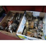 Pottery Shire Horses, wooden carts, other in brass, etc:- Two Boxes.