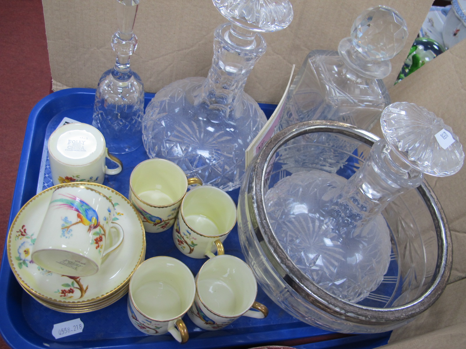 Foley China Coffee Cans and Saucers, pair of decanters, etc:- One Tray