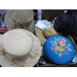 A XIX Century Footstool, with a wool work tapestry, vintage linen doilies ladies hats:-One Box.