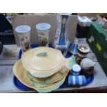 Shorter Pottery Fish Tureen, four plates and platter, Continental waisted vases, other ceramics:-