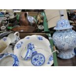 A 1930's Green Glass Dressing Table Set, plated ware, wooden bowl, blue and white jug, bowl etc:-