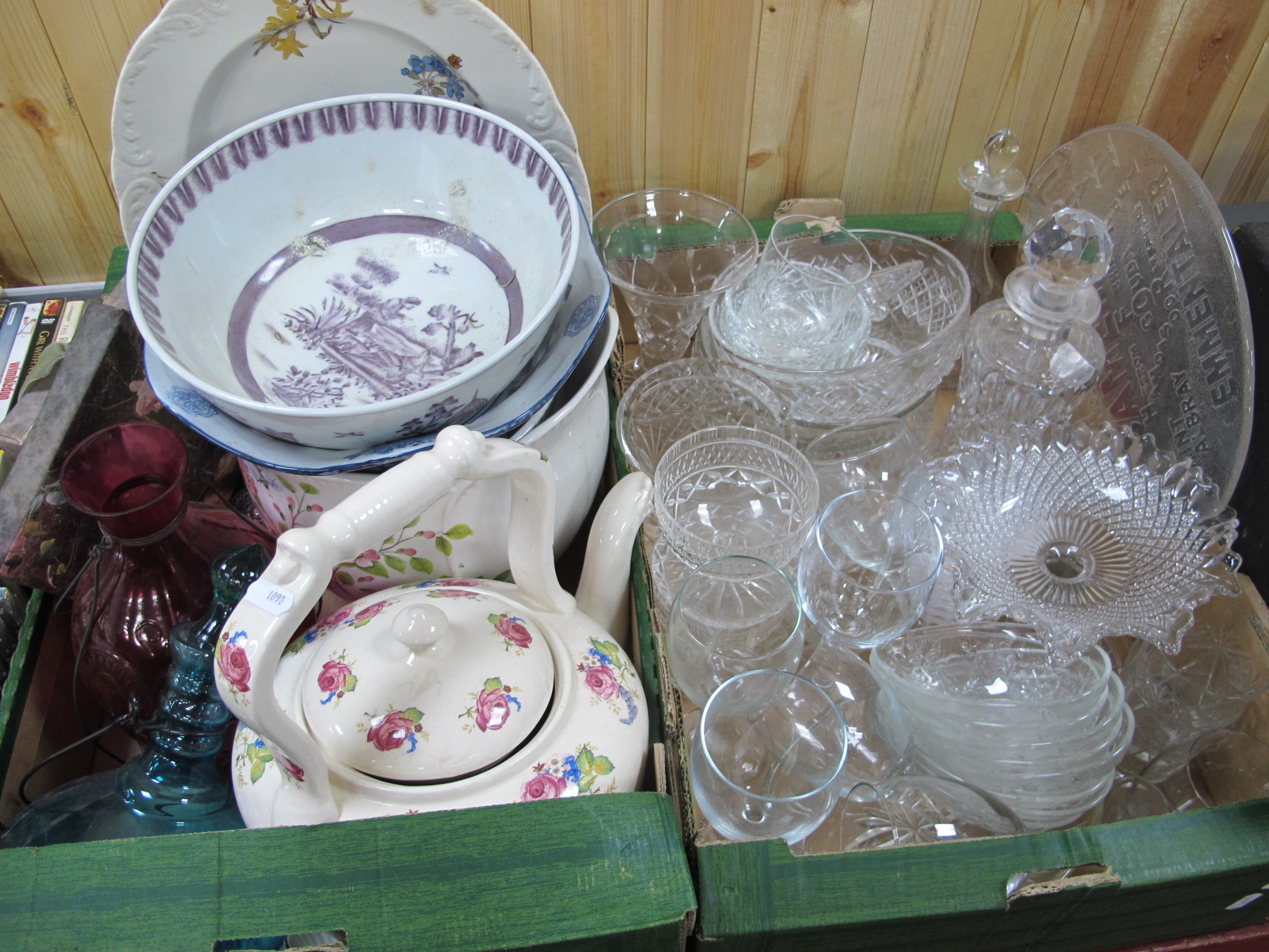 A Large Teapot, fly catchers, jardiniere, cut and pressed glass:- Two Boxes.