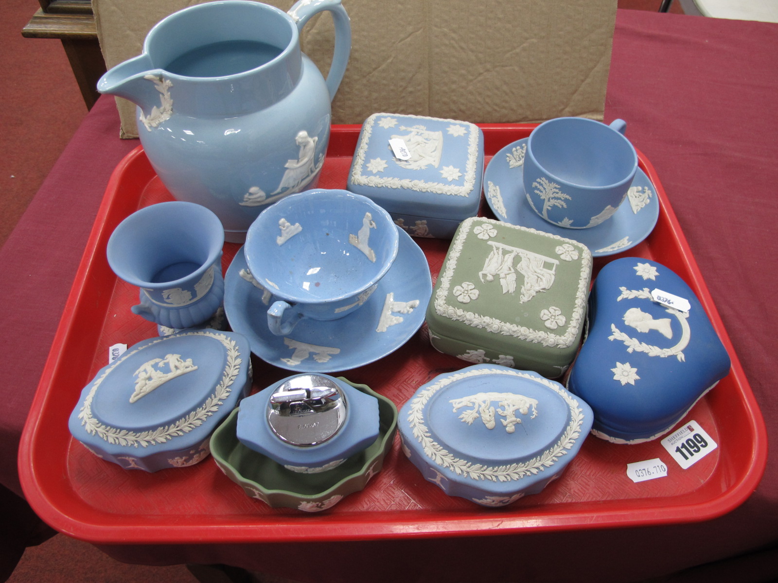 Wedgwood,Jasper Ware China, in varying colours, Queens ware jug:- One Tray.