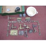 XIX Century Brass Taps, brass hinges, AA Badge, WWII German gas mask (damage) brass lock:- One Box.