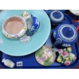 Wedgwood Blue Three Piece Tea Service. Poole Twintone charger plus 221 bowl, etc:- One Tray.