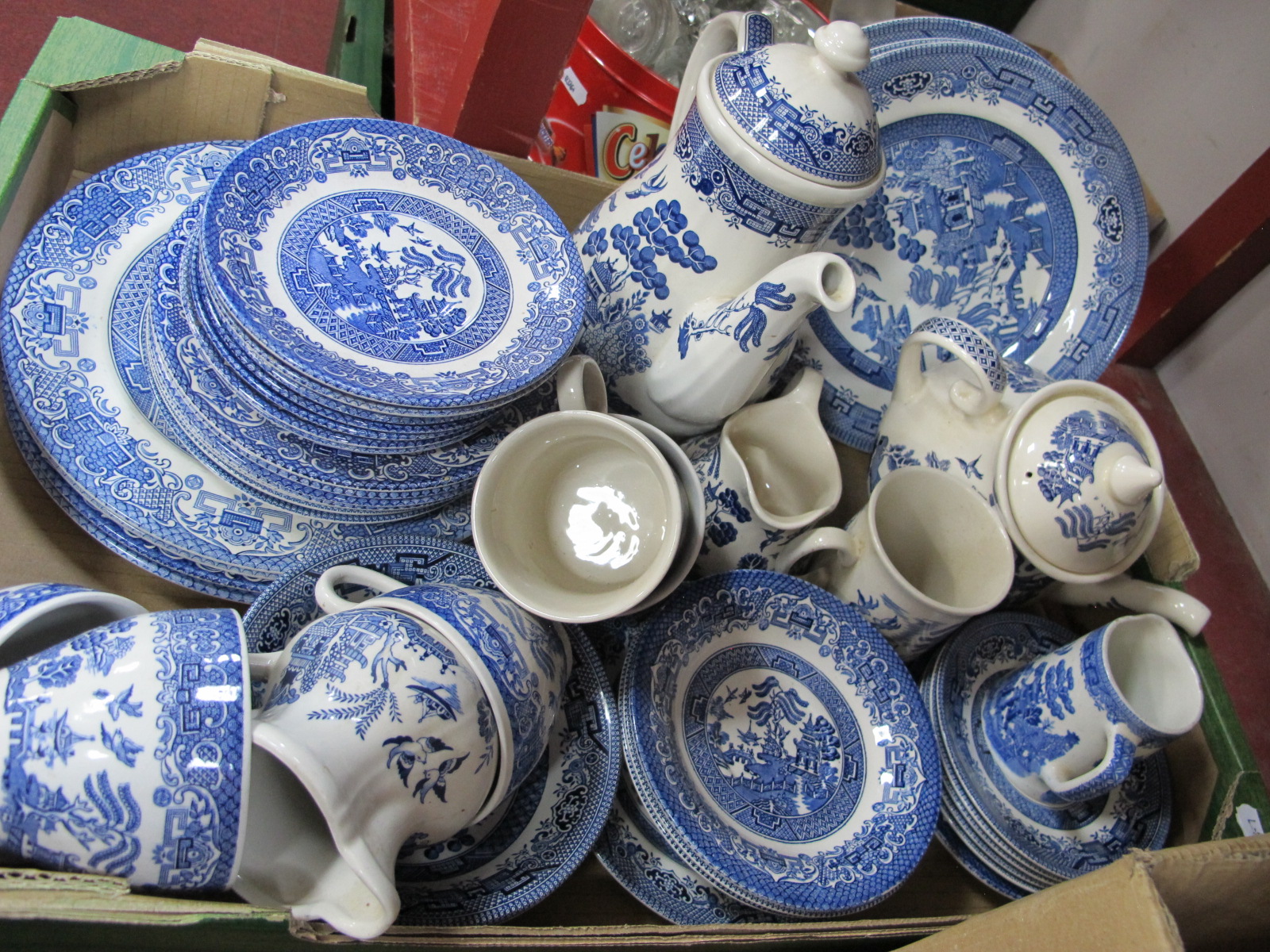 A Quantity of Blue and White Dinner and Teaware, to include Willow, Churchill, Broadhurst, John