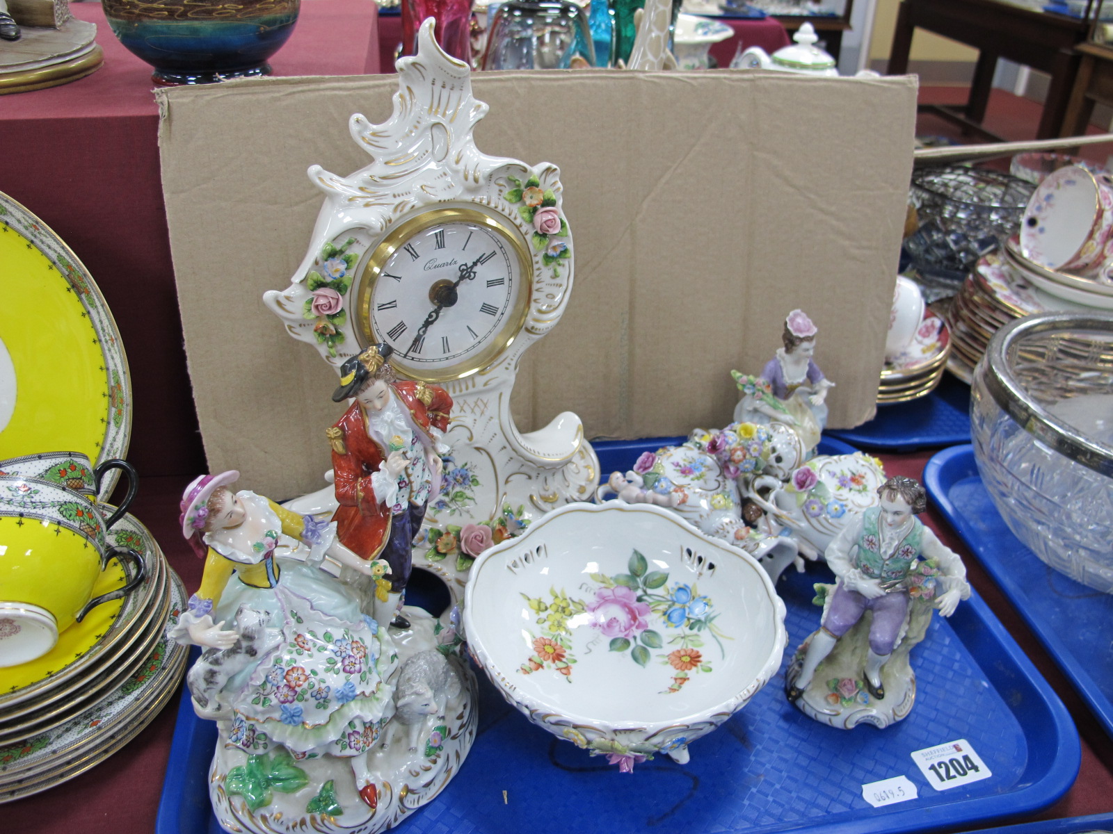 A Pair of Continental Figures, Sitzendorf figures, other continental pottery etc:- One Tray.