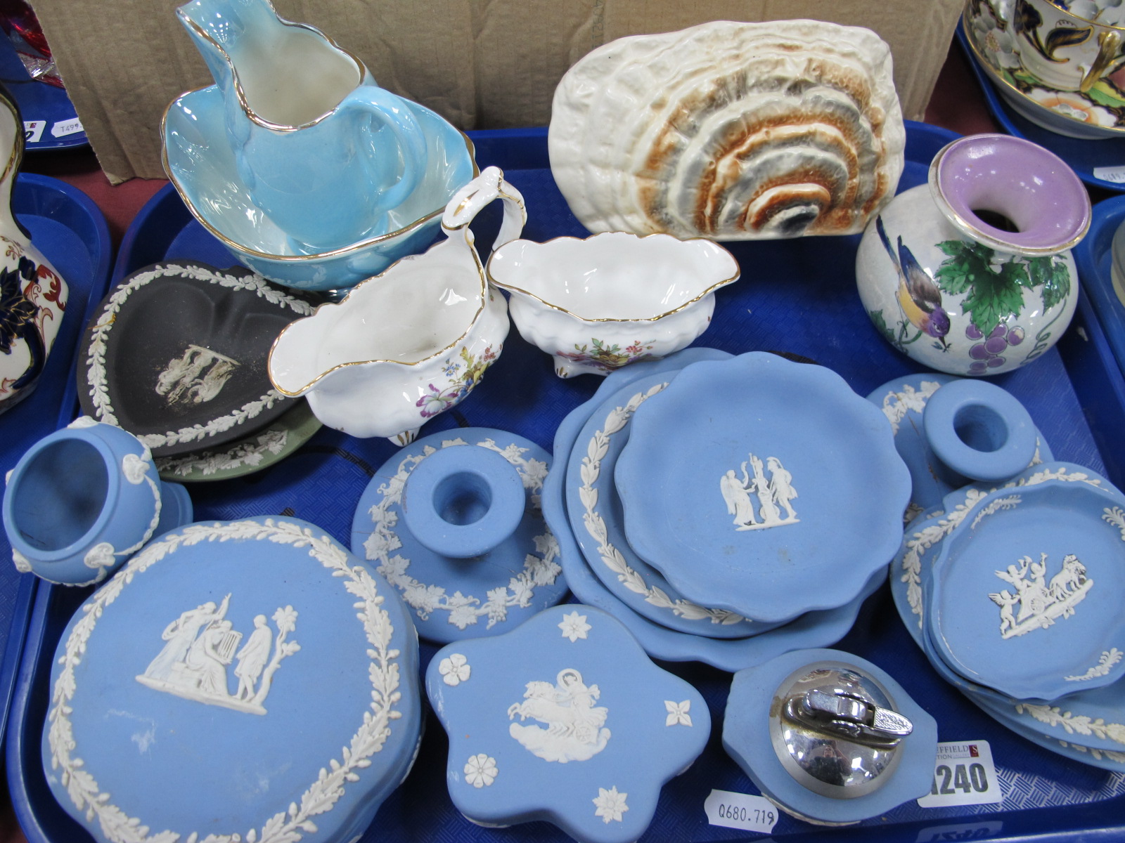 Wedgwood Jasper Ware Powder Blue Trinkets Shelley bulbous vase, Hammersley, etc:- One Tray.