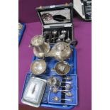 Arts & Crafts Style Pewter Tea Set, cased set of teaspoons, a Unity Pewter and glass sardine box,