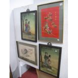 A Pair of Japanese Artworks, Geishas seated beneath a tree; plus two Oriental embroidered pictures