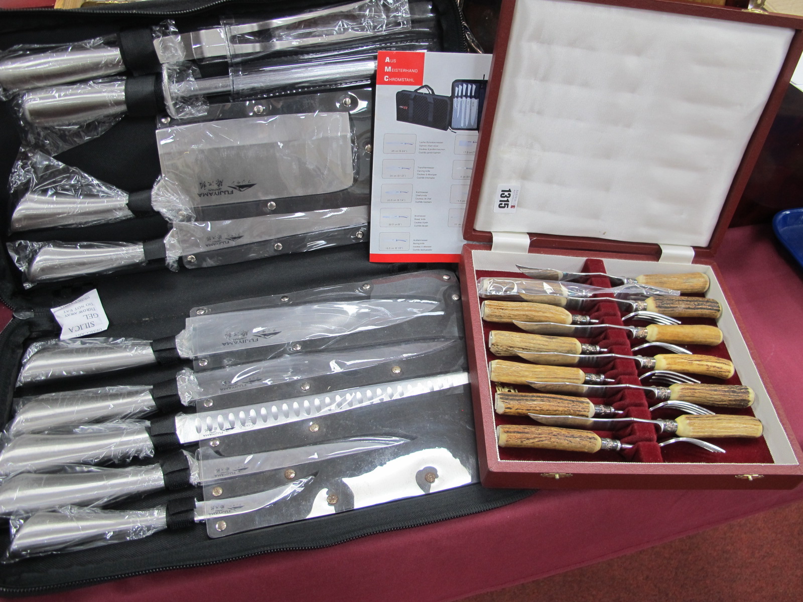Stag Handled Steak Knives and Forks, six of each, in case. Fujiyama Chefs knife set.