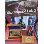 Thomas Salter Microscope Lab 3, (boxed) Octopus microscope and a wooden cased travel microscope:-
