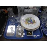 Swarovski Figures, (faults noted) and brooch, Worcester Christmas plates, glassware:- One Tray.