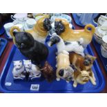 Pair of Continental Porcelain Pug Dogs, Sylvac and other dogs, Bretby cat, pair Staffordshire