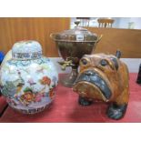 Copper Tea Urn, plaster dog doorstop, ginger jar. (3).