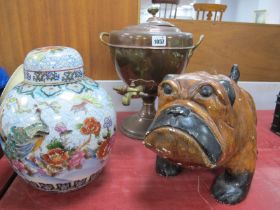 Copper Tea Urn, plaster dog doorstop, ginger jar. (3).