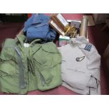 Flak Jacket, military uniforms, brass shell case, canons, prints:- One Box and Tray