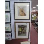 Eda. E. Stevens Panelled Interior With Kitten Playing Watercolour, 37.5 x 26.5cm, signed lower left,