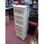 Rose Painted Seven Drawer Slender Chest of Drawers, with cream ground, 30cm wide.
