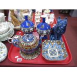 A Pair of Fenton 'Luxor' Vases, Egyptian style blue pottery cat, Grimwades Byzanta ware teapot and
