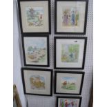 Seven Watercolour Pictures Depicting Carton Characters, all between 30 x 30cm and 28 x 28cm