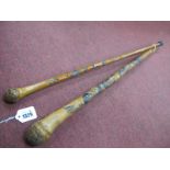 Two Root Ball Bamboo Walking Canes, one carved with entwined snake. (2)