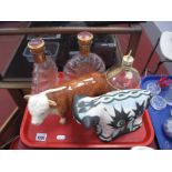 Pottery Hereford Bull, stylised bull, pair of Cognac bottles and Chambord example:- One Tray