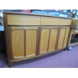 Teak Bow Fronted Sideboard, with three drawers, over three cupboard doors, on curved legs, 133.5cm