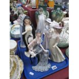 Four NAO Figurines of Ladies, the largest 31cm, regal and resin examples (6):- One Tray