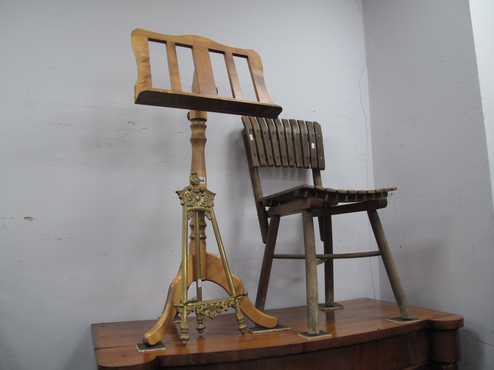 A Yugoslavian Slat Back Chair, lectern, invalid table, small brass easel. (4).