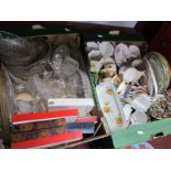 China Tea Ware, Doulton plate, cutlery oddments, glass cake stands and other glassware:- Two Boxes