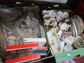 China Tea Ware, Doulton plate, cutlery oddments, glass cake stands and other glassware:- Two Boxes